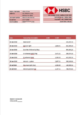 Australia HSBC bank statement template fully editable in Word and PDF format