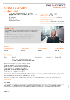 Australia ING Direct/ Orange Everyday Bank Account Statement Template in Word & PDF formats – 3 pages