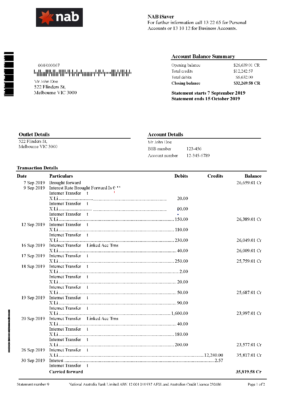 Australia NAB Bank Account Statement Template in Word & PDF formats – 2 pages