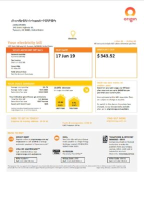 Australia New South Wales (NSW) Origin electricity utility bill template in Word and PDF format