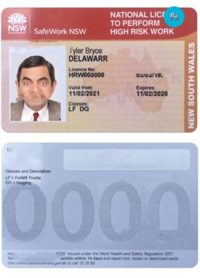 AUSTRALIA NSW national license to perform high risk work template in PSD format, with all fonts