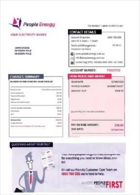 Australia People Energy electricity utility bill template in Word and PDF format