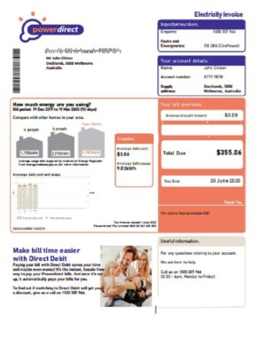 Australia Powerdirect electricity utility bill template in Word and PDF format