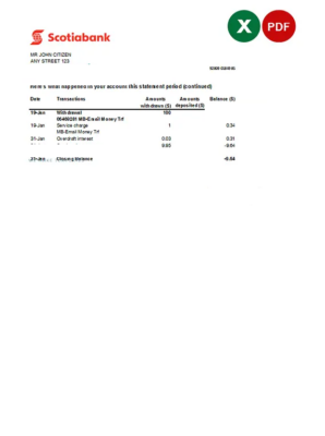 Australia Scotiabank bank statement, Excel and PDF format, 2 pages