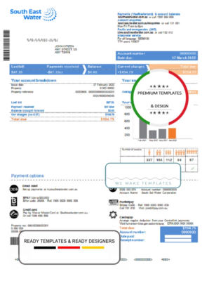 Australia South East Water utility bill template in Word and PDF format