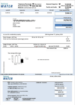 Australia Sydney water utility bill template, fully editable in Word and PDF format