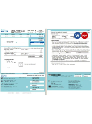 Australia Sydney Water utility bill, Word and PDF template, 2 pages