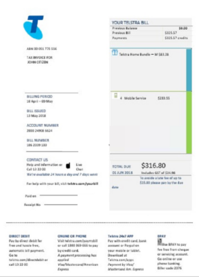 Australia Telstra telecommunications utility bill template in Word and PDF format