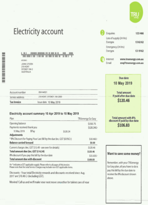 Australia Tru electricity utility bill template, fully editable in PSD format