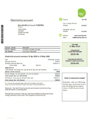 Australia Tru Energy electricity utility bill template in Word and PDF format