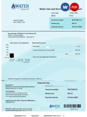 Australia Water Corporation WA utility bill .doc and .pdf template