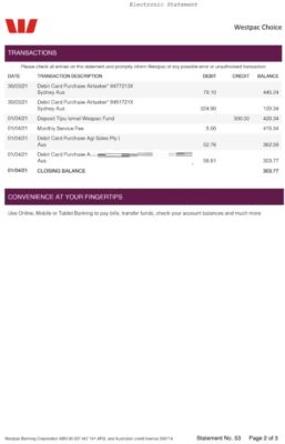 Australia Westpac Bank Account Statement Template in Word & PDF formats – 3 pages