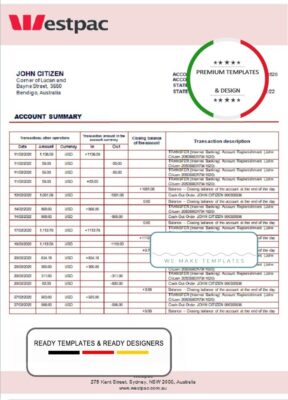 Australia Westpac bank statement template in Word and PDF format