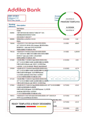 Austria Addiko bank statement template in Word and PDF format