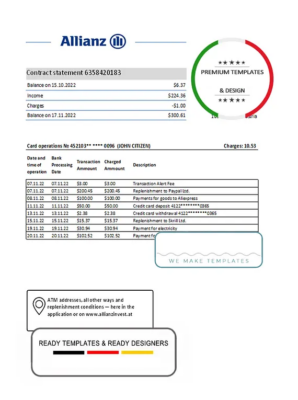 Austria Allianz Investment bank statement template in Excel and PDF format