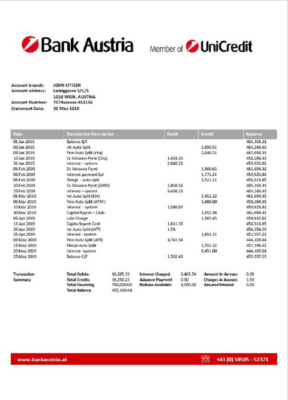 Austria Bank Austria bank statement template in Word and PDF format, .doc and .pdf format