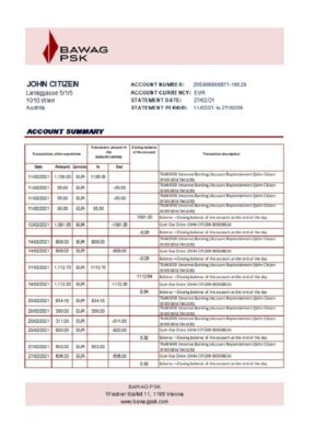 Austria BAWAG PSK bank statement easy to fill template in Excel and PDF format