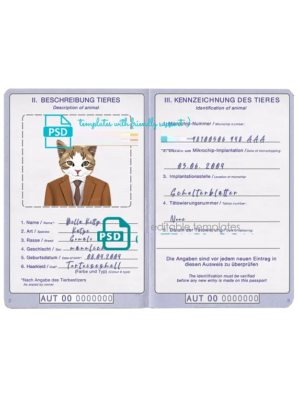 Austria cat (animal, pet) passport PSD template, completely editable