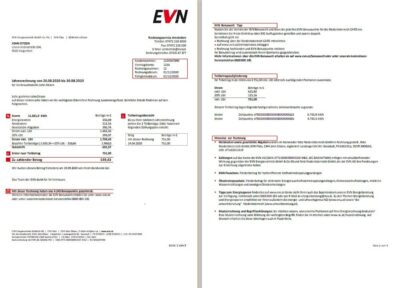 Austria EVN electricity utility bill template in Word and PDF format, language German (5 pages)