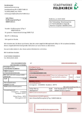 Austria Stadtwerke Feldkirch utility bill template in Word and PDF format