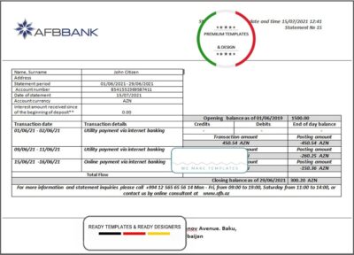 Azerbaijan AFB bank statement template in Word and PDF format, fully editable