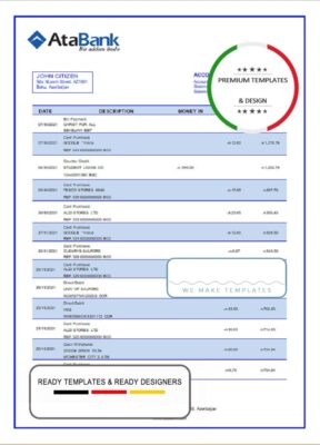 Azerbaijan Atabank bank statement template in Word and PDF format