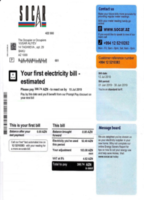 Azerbaijan Socar electricity utility bill template, fully editable in PSD format