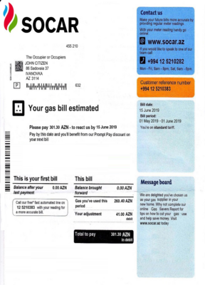 Azerbaijan Socar gas utility bill template, fully editable in PSD format