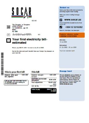 Azerbaijan Socar Gas utility bill template in Word and PDF format