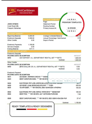 Bahamas FirstCaribbean International Bank statement template in Excel and PDF format