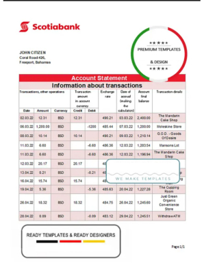 Bahamas Scotiabank Bank statement template in Excel and PDF format