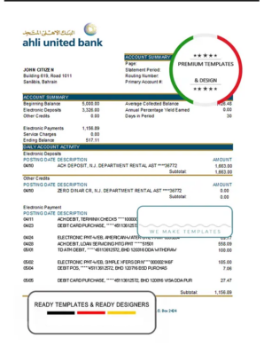 Bahrain Ahli United bank statement template in Excel and PDF format