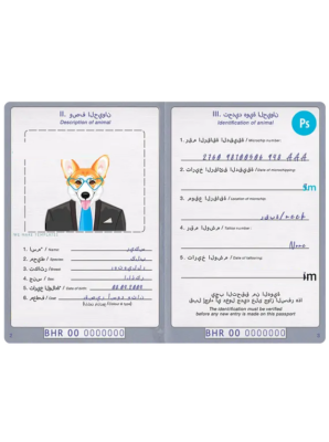 Bahrain dog (animal, pet) passport PSD template, fully editable