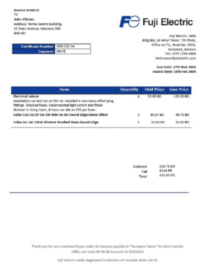 Bahrain Falcon Electrical S.P.C electricity utility bill template in Word and PDF format