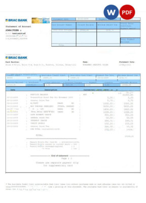 BANGLADESH BRAC Bank statement Word and PDF template