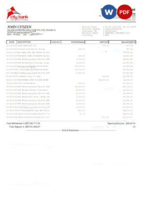 BANGLADESH CITY BANK statement Word and PDF template