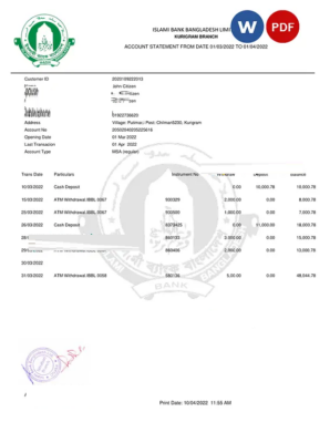 Bangladesh Islami bank statement, Word and PDF template