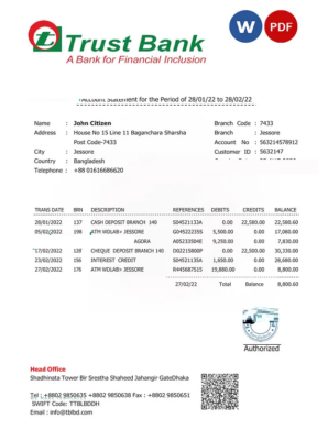 Bangladesh Trust bank statement Word and PDF template