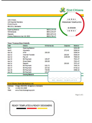 Barbados first citizens bank statement template in Excel and PDF format