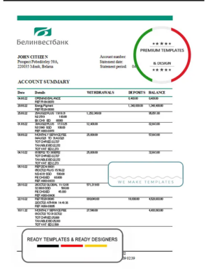 Belarus Belinvest bank statement template in Excel and PDF format