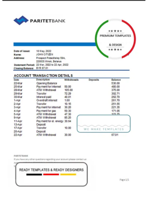 Belarus Paritet bank statement template in Excel and PDF format