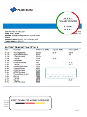 Belarus Paritet bank statement template in Word and PDF format