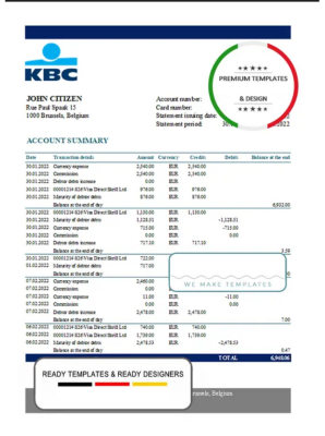 Belgium KBC bank statement template in Excel and PDF format