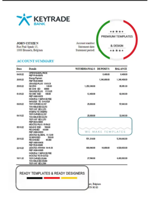 Belgium Keytrade bank statement template in Excel and PDF format