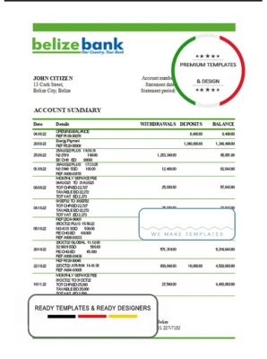 Belize bank statement template in Excel and PDF format, fully editable