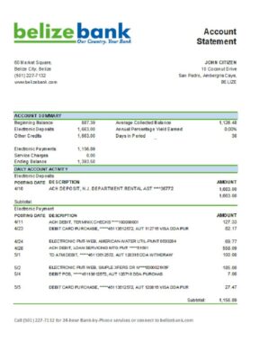 Belize Belizebank bank statement easy to fill template in .xls and .pdf file format