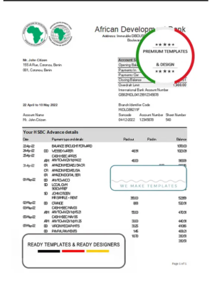 Benin African Development bank statement template in Excel and PDF format