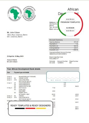 Benin African Development bank statement template in Word and PDF format