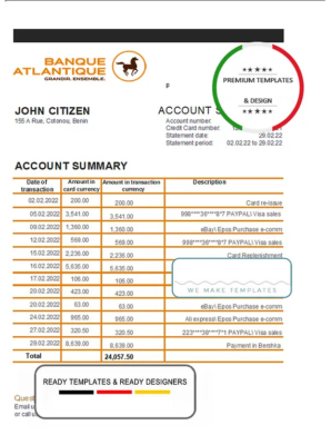 Benin Banque Atlantique bank statement template in Excel and PDF format