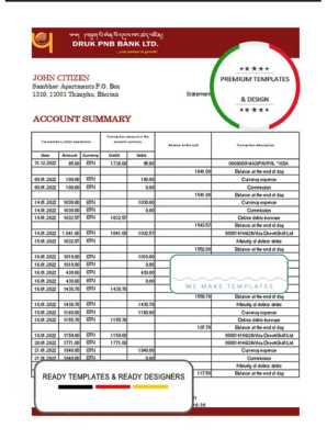 Bhutan Druk PNB bank statement template in Excel and PDF format